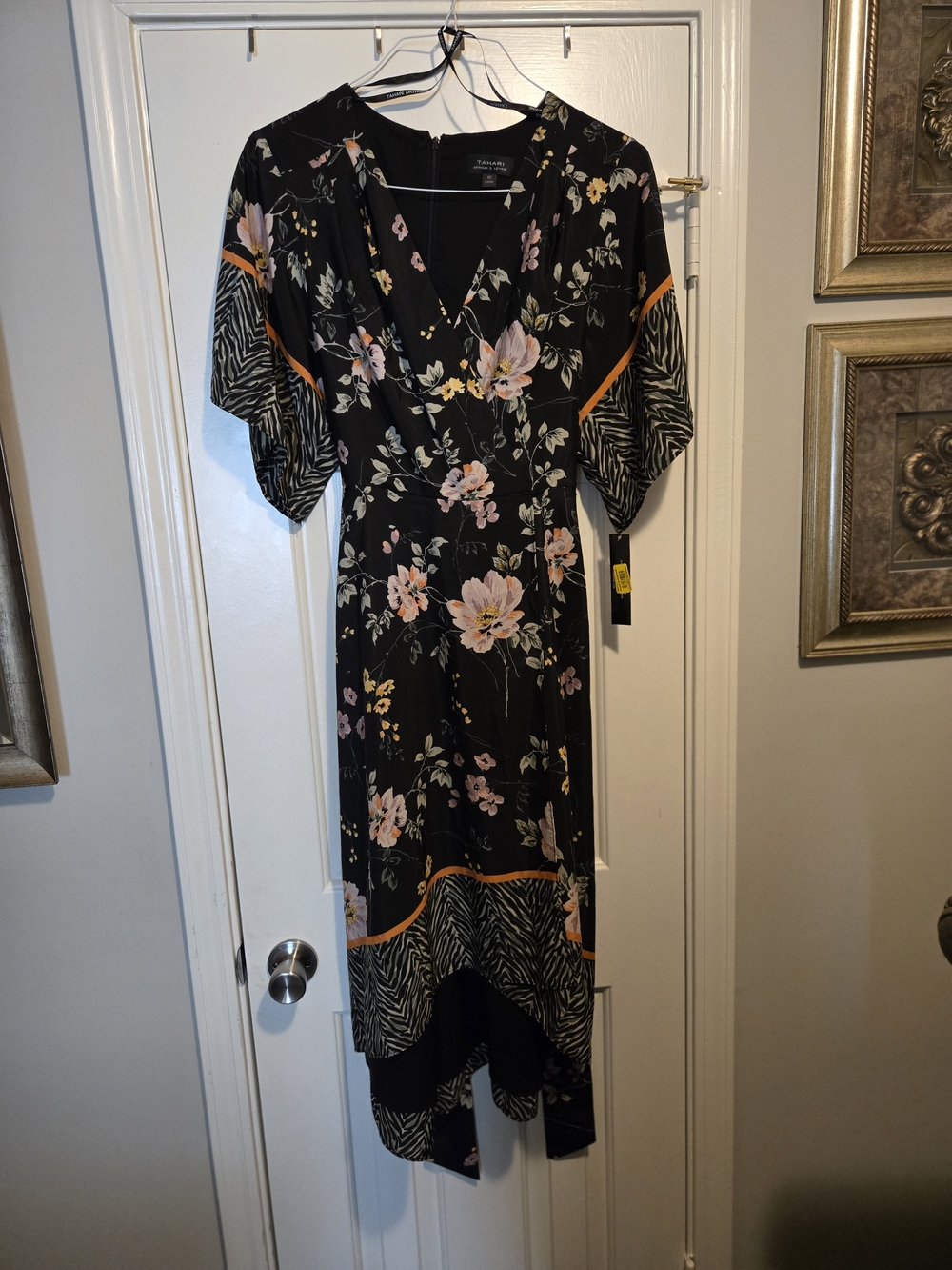 Tahari Black Floral High-Low Dress with Peach Accents